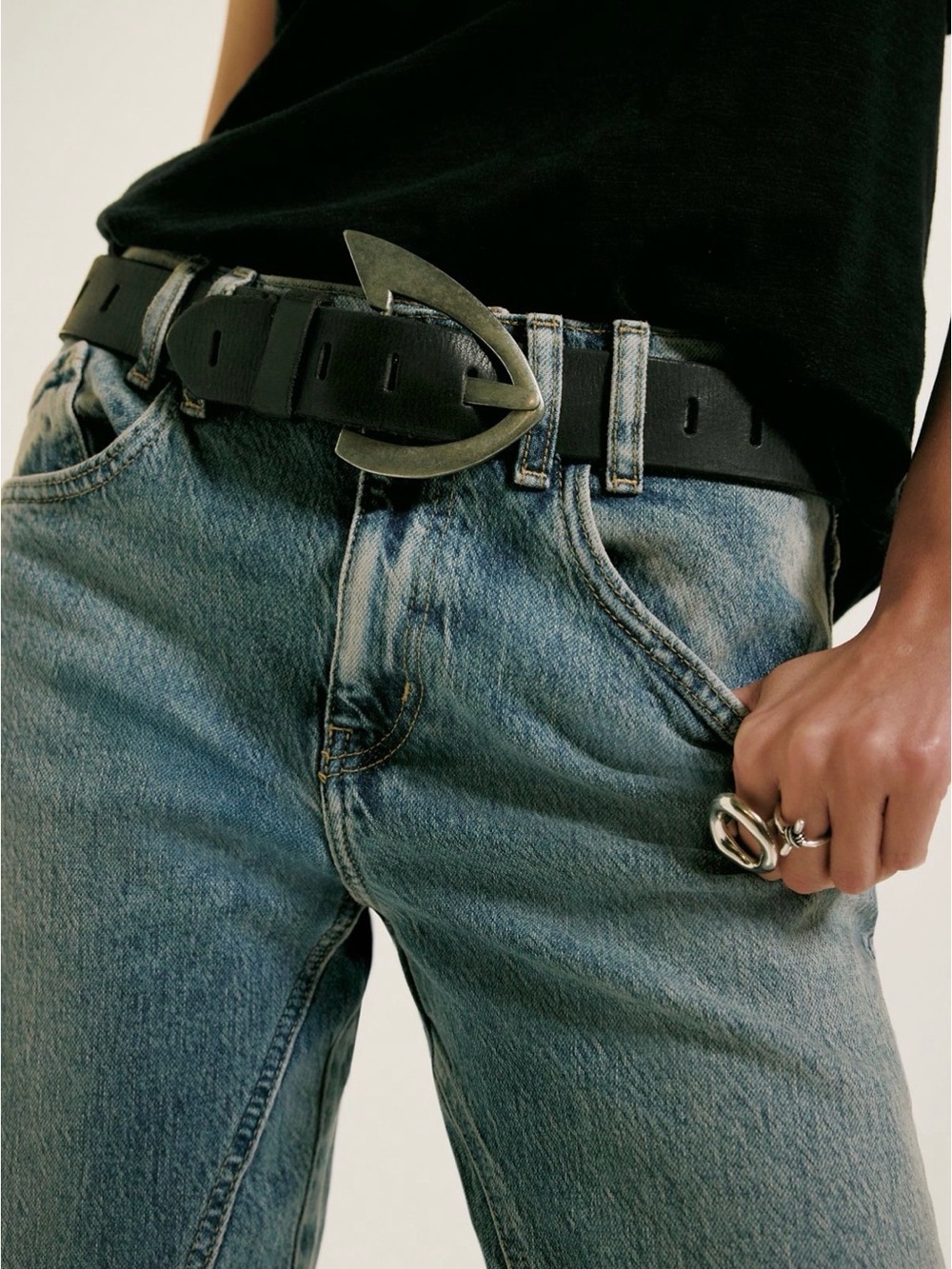 Free People Black Leather Belt with Brushed Metal